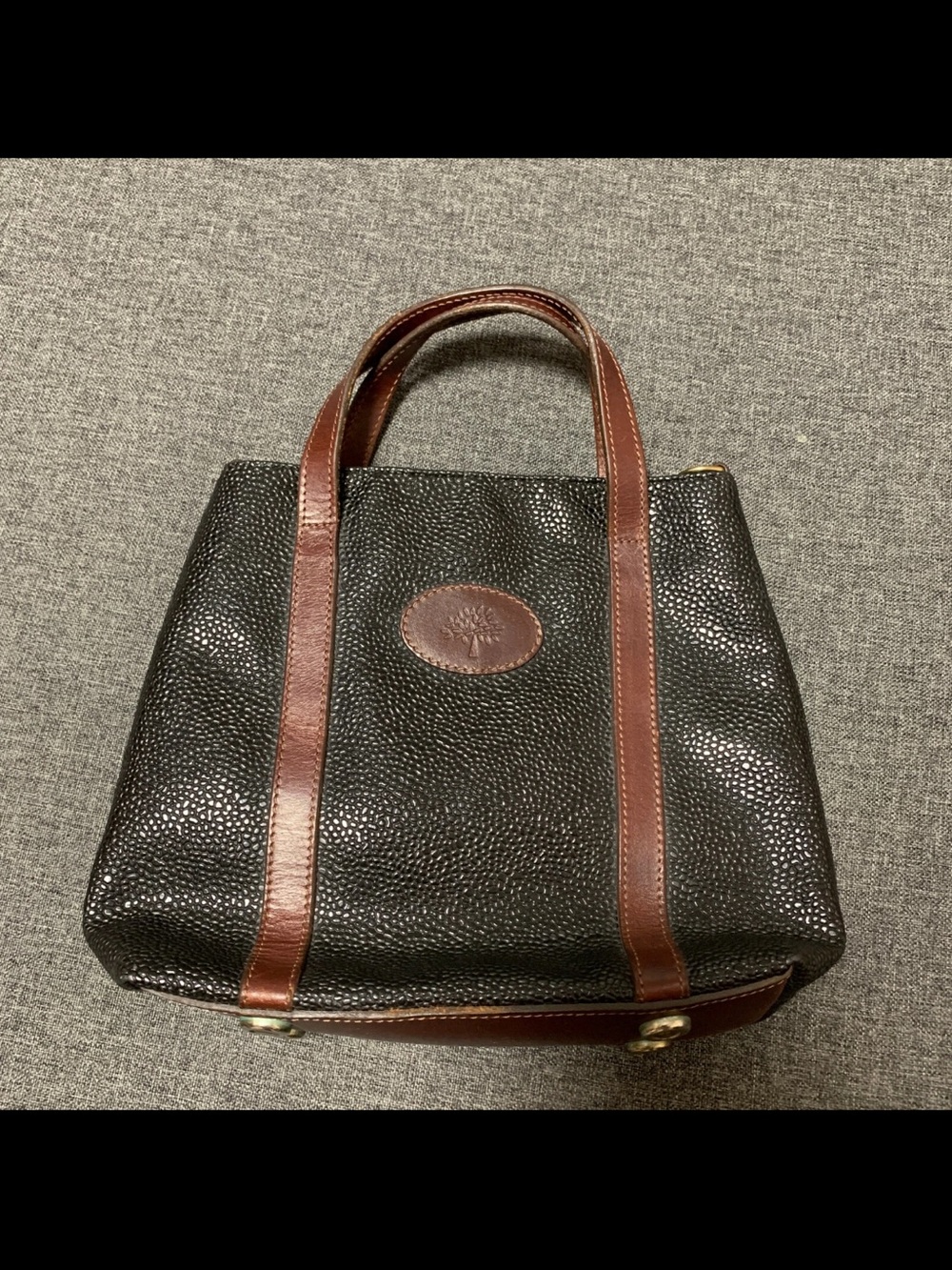 Mulberry Black Pebbled Tote with Brown Trim